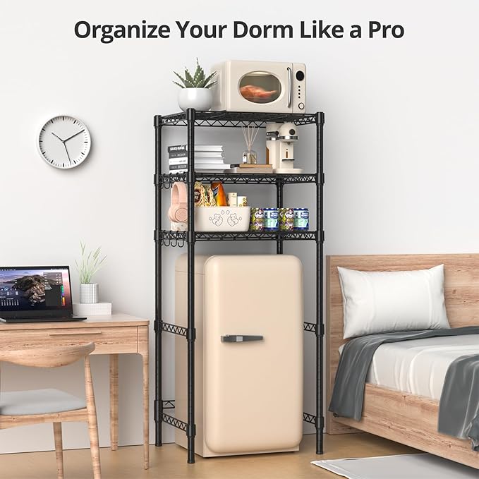 3-Tier Mini Fridge Stand, Adjustable Heavy Duty Storage Shelves, Maximizes Vertical Space for Dorm, Apartment, Kitchen and Office, Organizer Rack for Microwave, Snacks and Appliances, Black