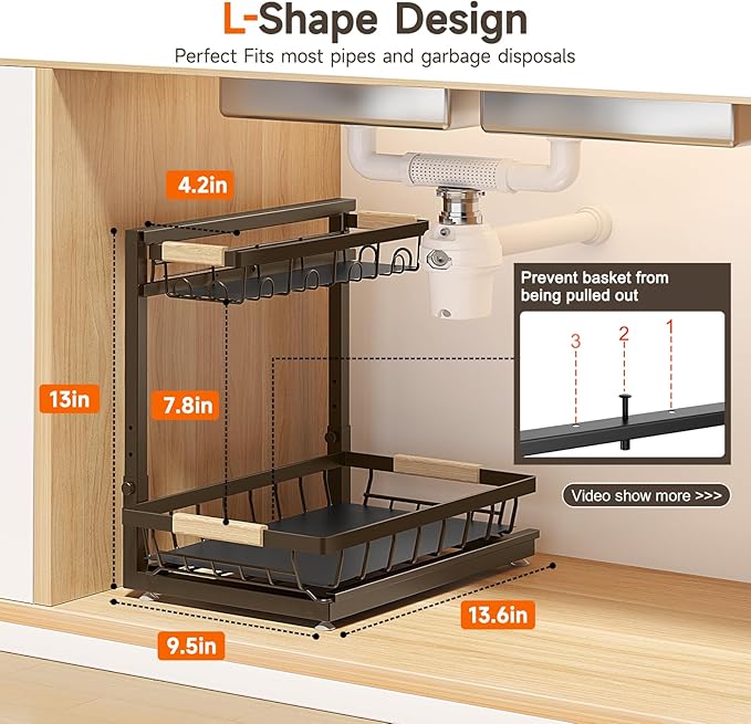 Sevenblue 2 Packs Under Sink Organizer, Height Adjustable 2 Tier Under Kitchen Sink Organizer, Multi-Purpose Storage Shelf for Kitchen Bathroom Cabinet (Brown, Extra Large)