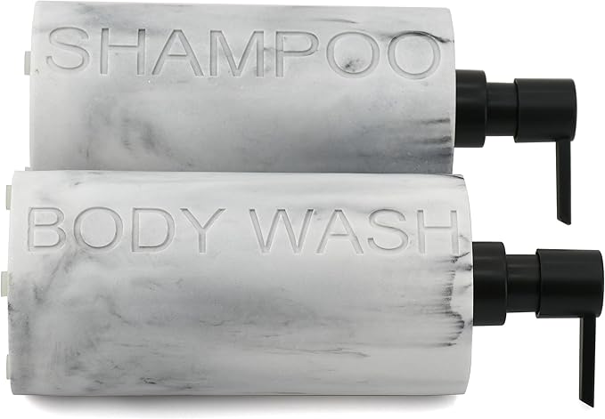 Indecor Home Marble Resin 2 Piece Shampoo and Body Wash Dispenser Set, Luxurious Refillable Pump Bottles with Matte Pump Top and Embossed Text, Durable Design for Bathroom and Shower