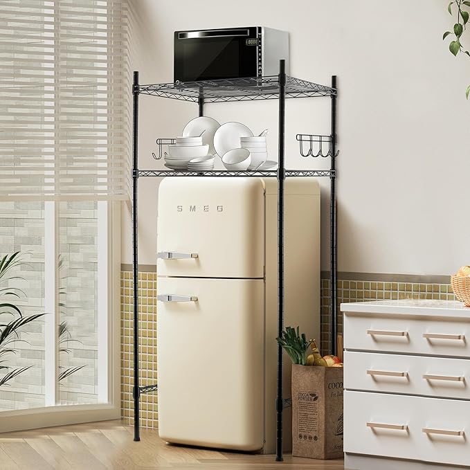 Sararoom Mini Fridge Shelf with Storage, 2-Tier Height Adjustable Mini Fridge Stand, Microwave Stand Multifunctional Rack with 4 Castor Wheel for Dorm Kitchen Office, 52” H x 24” W x 18” D, Black