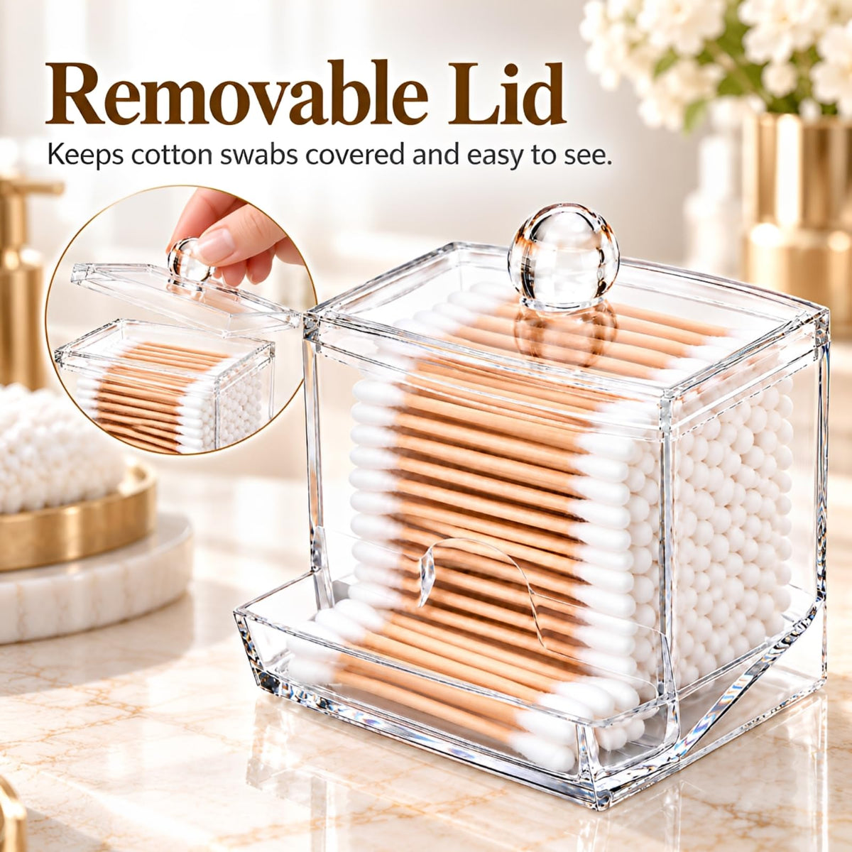MOSIKER 10oz Qtip Holder, Clear Acrylic Cotton Swab Dispenser with Lid