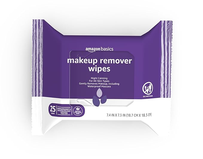 Amazon Basics Makeup Remover Wipes, Night Calming, Gentle Cleansing, Plant Based, Alcohol-Free, Removes Waterproof Mascara, Dermatologist Tested, 25 Count, 1-Pack