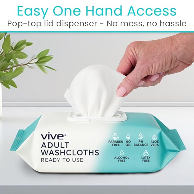 Vive Disposable Washcloths for Adults & Elderly (1 Pack - 50 Count - 8"x12") – Incontinence Wipes for Men & Women – Hypoallergenic No Rinse Adult Body Wipes for Sensitive Skin – Fresh Scent