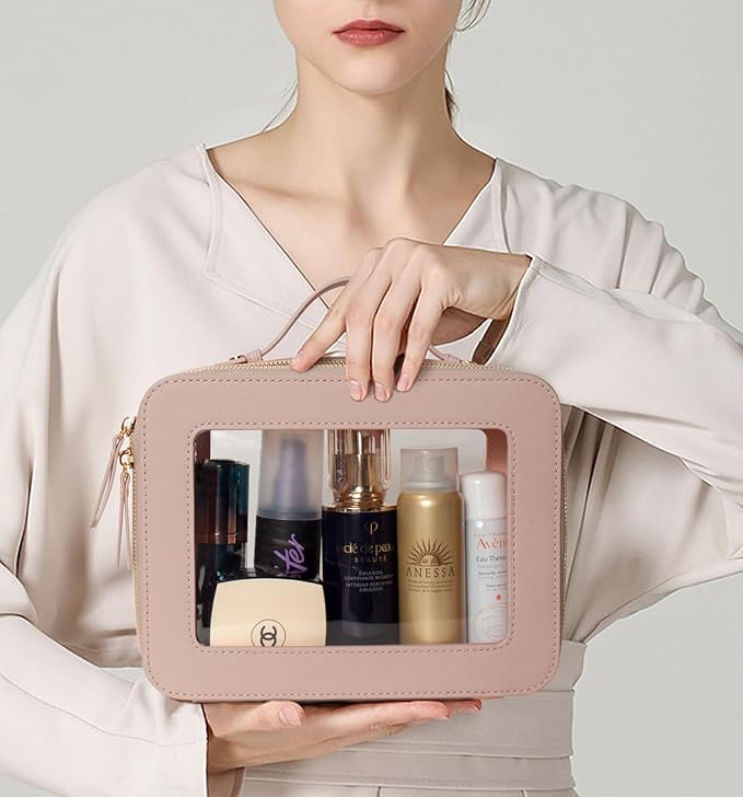 LETGO Clear Makeup Bag Organizer,Travel Toiletry Bag Cosmetic Case for Women,Portable Beach Make Up Skincare Pouch Car Organizer Bag with Zippers for Essentials(Large-Nude)