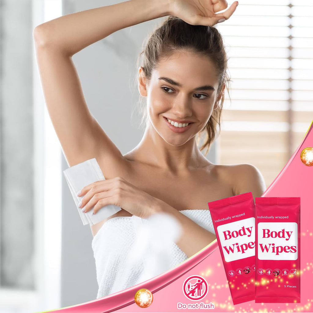 Threlaco 300 Pcs 60 Pack Body Wipes for Adults Bathing No Rinse Individually Wrapped Shower Wipes Washcloth with Aloe Cleansing Body Wash Cloths Disposable Bulk Deodorant Homeless(Rose Background)
