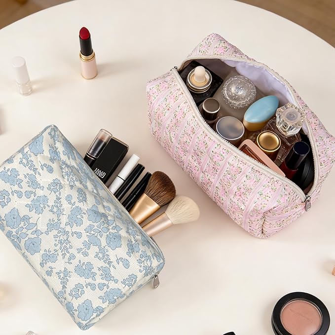Gosect 2 Pack Floral Makeup Bag, Cute Cosmetic Bag for Women Girls, Quilted Cotton Make up Pouch, Travel Makeup Bags, Portable Storage Toiletry Organizer Bag(Pink+Navy Blue)