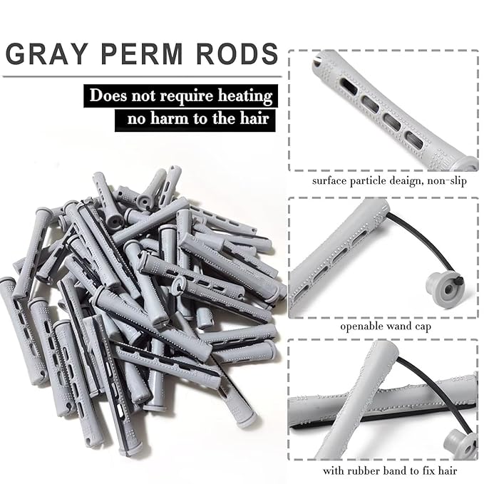 Meigick Perm Rods Set for Short Natural Hair 40Pcs Gray Plastic Cold Wave Rods Hair Curling Rollers Small Size 0.59 Inch For DIY Hairdressing Styling