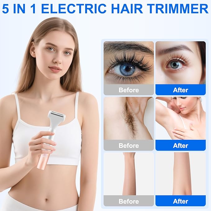 5-in-1 Bikini Trimmer Electric Razors for Women, Cordless Electric Shaver with LCD Display for Facial Body Legs Hair, Rechargeable Waterproof Pubic Body Hair Trimmer Holiday Birthday Gifts for Women