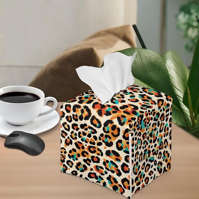 Leopard Print Tissue Box Holder Stylish Leather Square Tissue Box Cover with Top Handle Waterproof Napkin Case Holder Home Office Bathroom Decor