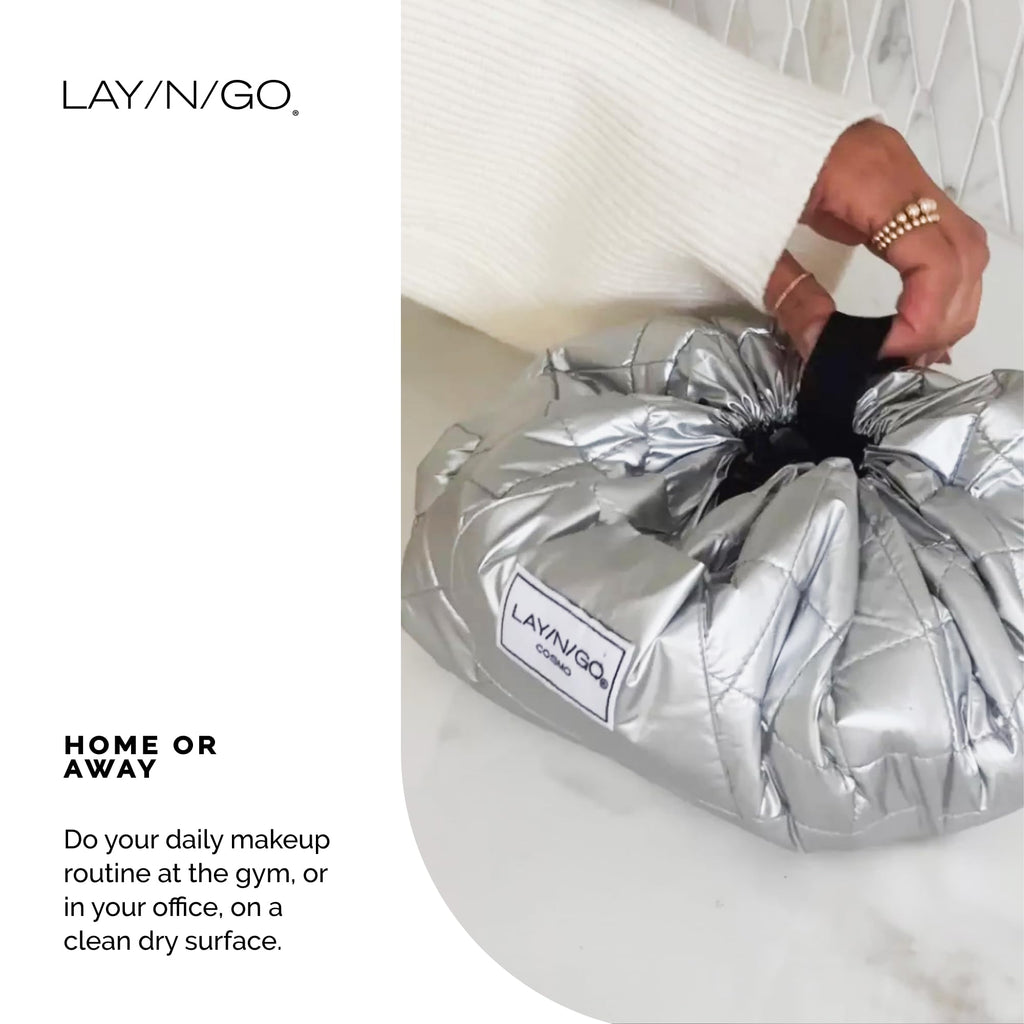 Lay-n-Go Cosmo Drawstring Cosmetic & Makeup Bag Organizer - Portable Drawstring Makeup Bag w/Zipper Pocket, Makeup Loops & More - Durable, Machine Washable Toiletry Bag (20", Blue Snakeskin)