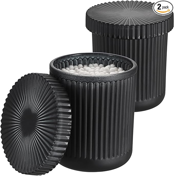 Hipiwe Glass Bathroom Organizer Set, 2 Pack Qtip Dispenser Holder Cotton Swab Organizer with Lid Q-tip Apothecary Jars Bathroom Countertop Storage Canister for Toothbrush Floss Picks, Black