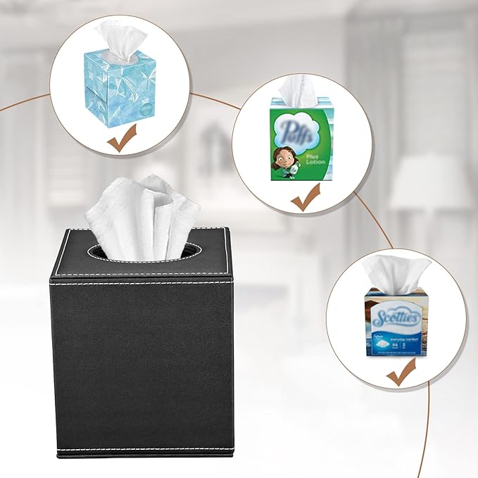Tissue Box Cover, PU Leather Tissue Box Holder Square Box Covers for Home/Office/Car Decoration 5.3"X5.3"X5.8" - Black