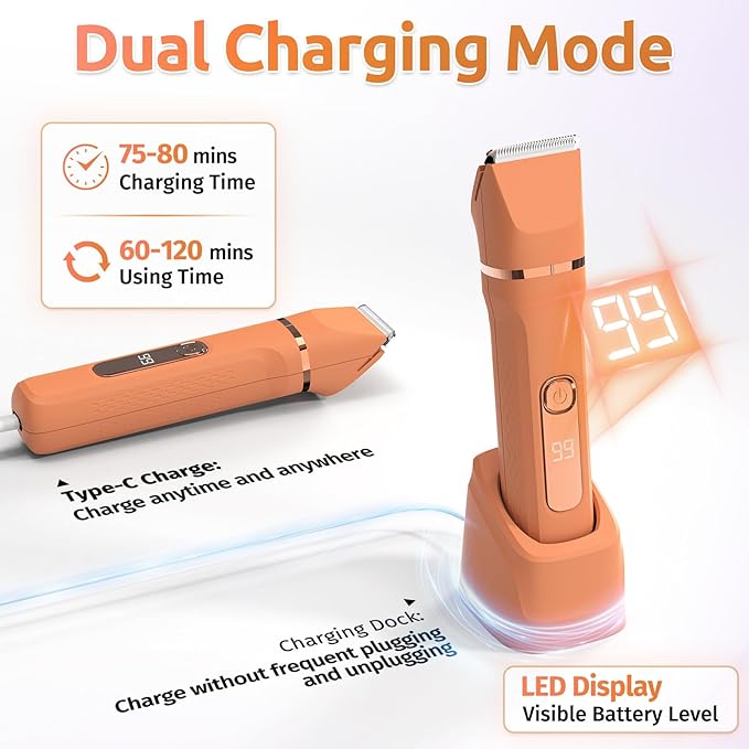 Bikini Trimmer for Women,5-in-1 Electric Razors for Women,Electric Shaver for Women's,IPX7 Waterproof Trimmer for Men Legs,with 5 Replaceable Blade Heads,USB Recharge Dock（Orange
