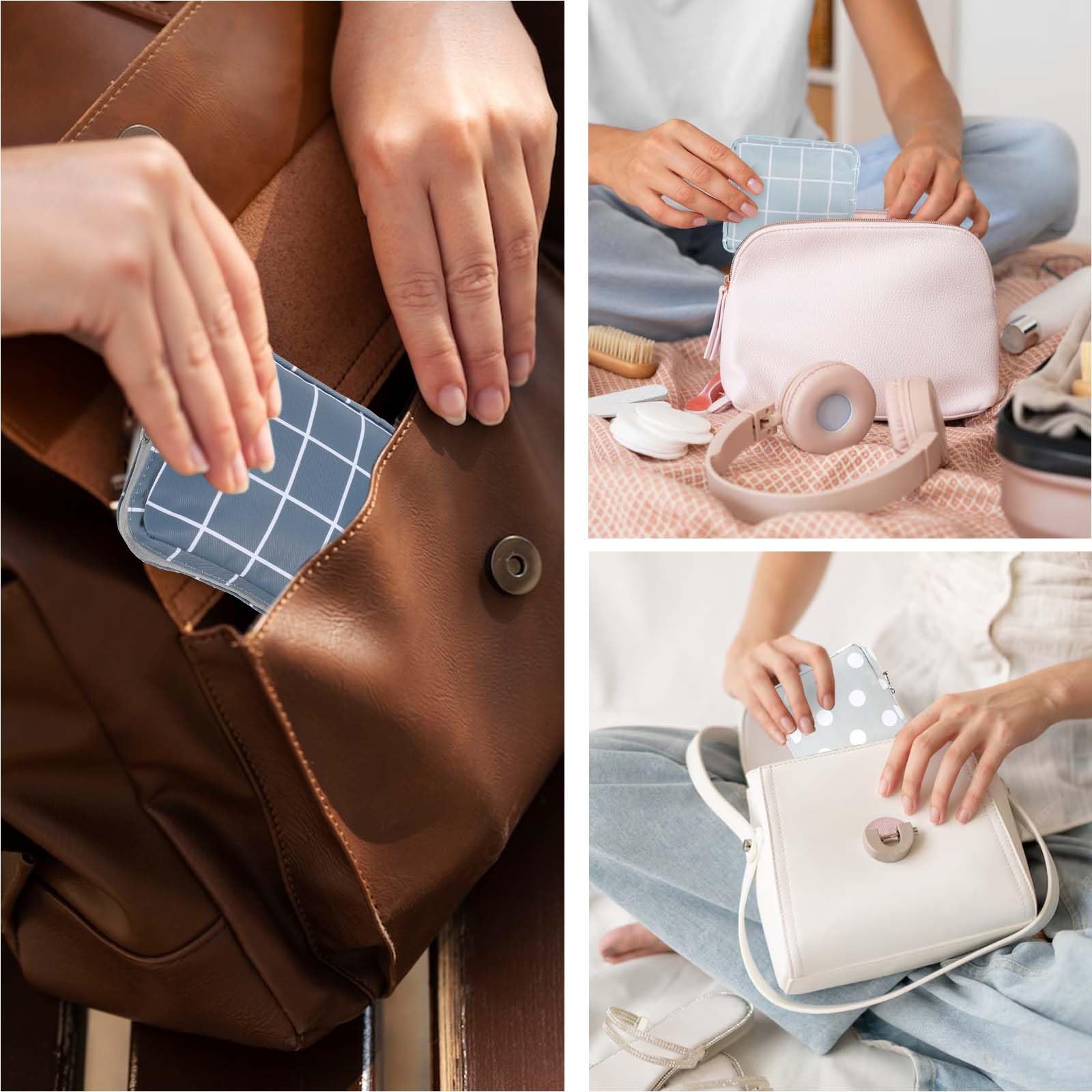3 PCS Sanitary Pad Storage Bag Portable Period Bag for Teen Pads/Sanitary Napkins/Tampons, Sanitary Napkin Storage Bag First Period Gifts for School, Daily Hygiene Bag Travel Containers(Grey, Blue)