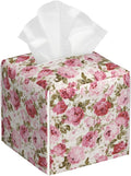 Vintage Rose Flowers Leaves Tissue Box Cover Square,Pink Floral Plants Tissue Box Holder Waterproof Leather Facial Paper Organizer Dispenser for Bathroom Home Car Nightstand Vanity Desk