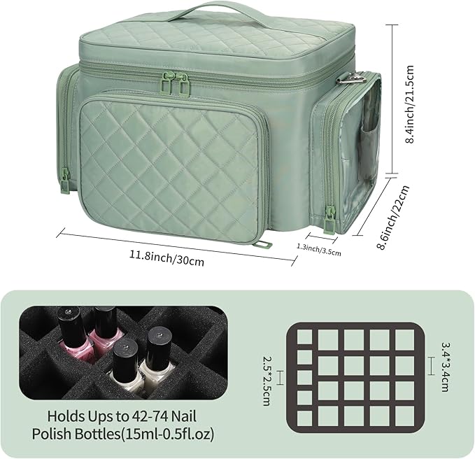 Bagmoly Nail Polish Organizer, Nail Polish Storage Holds 42+ Bottles & Nail Lamp, Portable Travel Nail Kit Storage Carrying Case Fits Nail Suppiles, Gift for Manicurist, Grils - Green