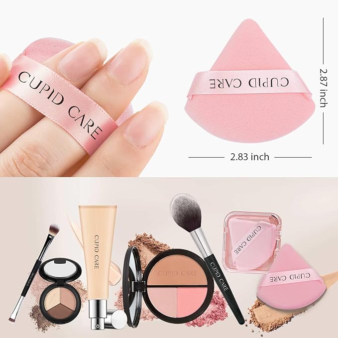 CUPID CARE 6 Pcs Triangle Powder Puff with 2 Travel Cases, Setting Powder Puffs for Face Powder and Foundation, Velour Makeup Puff for Loose Powder Body Powder, Skin-Friendly, Beauty Makeup Tools