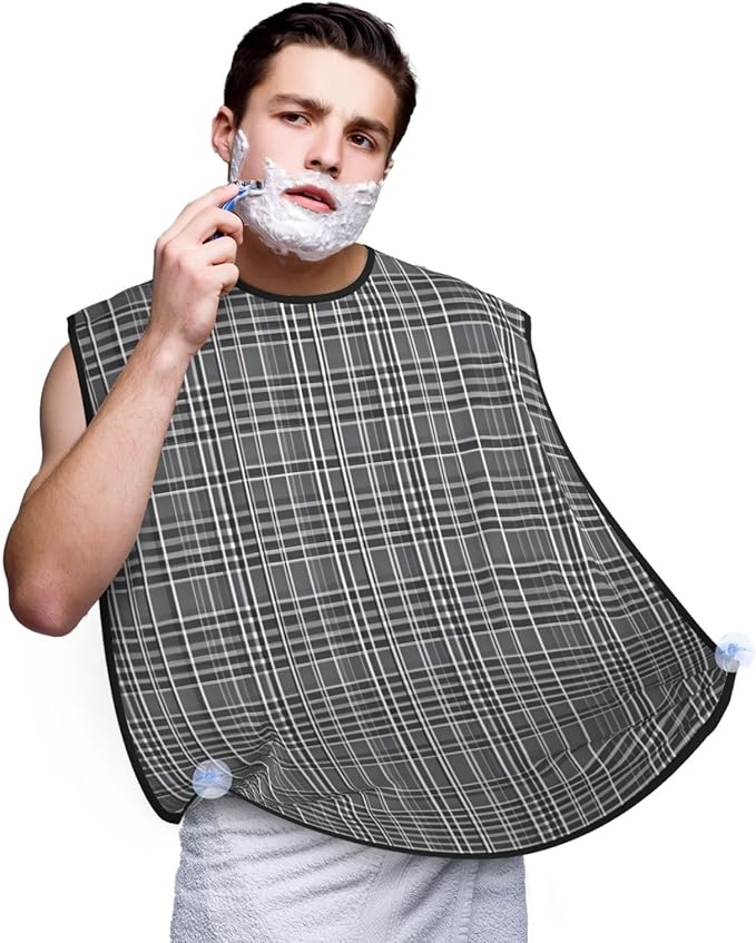 YQxwJL Gray Plaid Lines Print Beard Bib Shaving Apron, Beard Hair Trimming Cape Gift For Dad