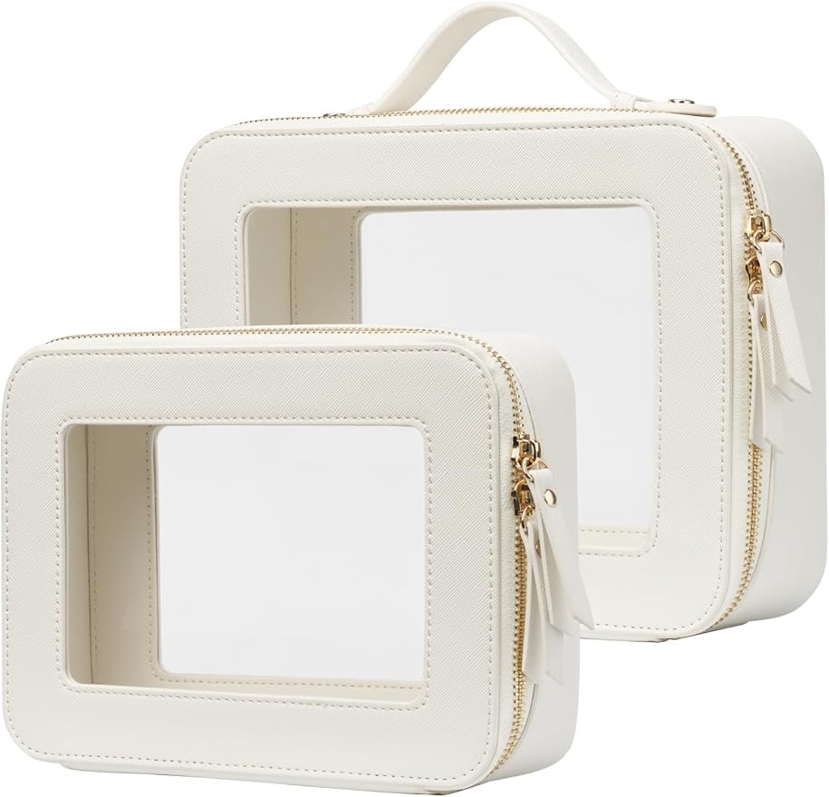 Popvibe Clear Makeup Case Set White Toiletry Bag Travel Large Clear Cosmetic Bag with Zipper, Big Make Up Bag Organizer Women Traveling TSA Approved Transparent Bag Car for Essentials