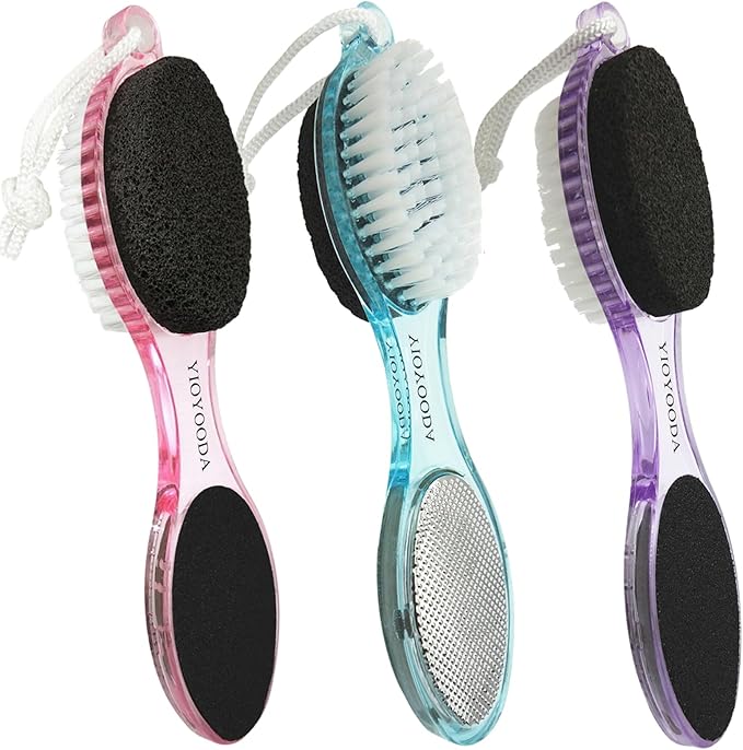 Foot File Callus Remover 4-in-1, 3 Pcs Feet Scraper Pedicure Tools with Pumice Stone, Scrubber Brush, Foot Rasp and Sand Paper, Double Sided Multi Purpose, Clear Pink, Blue, Purple