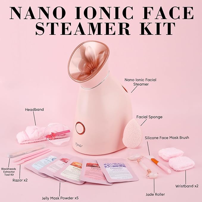 Pjordo Facial Steamer Spa Kit, 12 Skin Care Tools & 5 Jelly Mask Powder, Nano Ionic Steamer for Facial Deep Cleaning Unclog Pores Sinuses, Warm Mist Humidifier for Home SPA, Self Care Gifts for Women