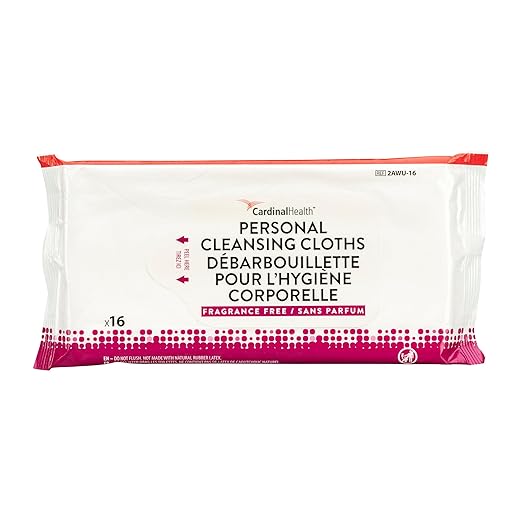 Cardinal Health 2AWU-16 Personal Cleansing Wipe - Non-Flushable - Fragrance Free - 9 x 13 in - Infused with Aloe - Pre-moistened - pH Balanced, 1 Pack of 16