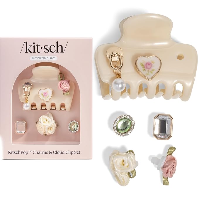 KitschPop ™ Hair Clips For Women with Charm Sets -Customizable Cloud Claw Clip With Interchangeable Collectible Cute Charms - Pearlized Cream, 7pcs Set