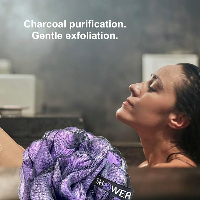 SHOWER BOUQUET Color-Charcoal Back-Loofah-with-Handle & 2 Bath Sponge Set