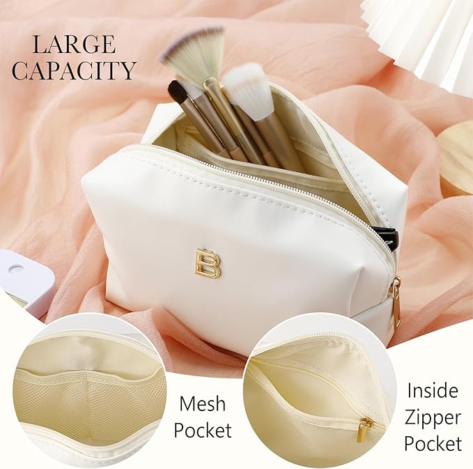 Kigeli Gifts for Women Teen Girls Gifts for Bridesmaid Mom Teachers Graduation Birthday Wedding Personalized Initial Makeup Bag Beige PU Leather Monogram Cosmetic Waterproof Travel Toiletry Bag(B)