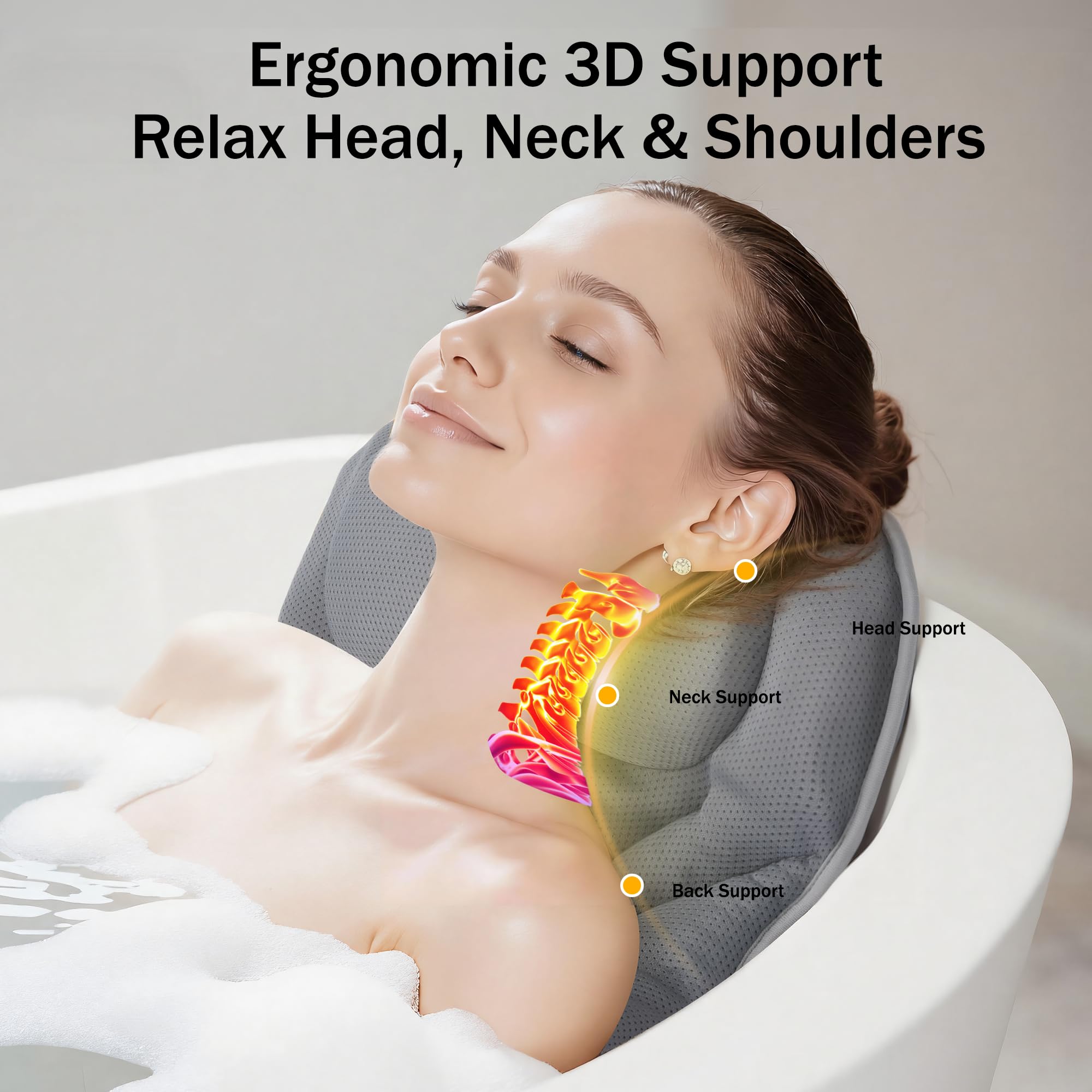 Bath Pillow PYRRHIC - Bathtub Pillow 5D Mesh with Neck & Back Support Non-Slip Suction Cups Fast Drying Soft Spa Pillow Relaxing Bath Accessories with Hook Laundry Bag Grey