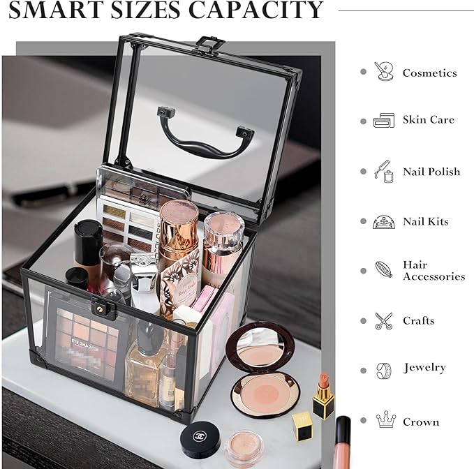 FRENESSA Portable Makeup Case Clear Crown Box Cosmetics Display Case Toiletry Organizer Box Transparent Acrylic Artists Train Case Travel Makeup Tools Storage for Vanity Bathroom Counter Dresser Case
