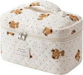 uekeboag Large Travel Quilted Makeup Bag for Women, Floral Cotton Cosmetic Bag, Coquette Aesthetic Floral Toiletry Organizer Bag(Dot Bear