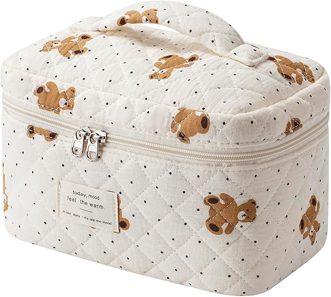 uekeboag Large Travel Quilted Makeup Bag for Women, Floral Cotton Cosmetic Bag, Coquette Aesthetic Floral Toiletry Organizer Bag(Dot Bear