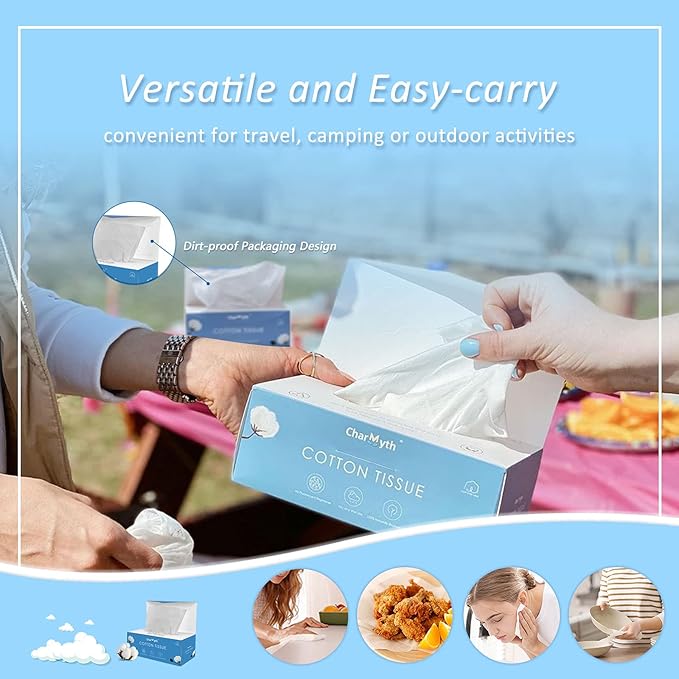 Charmyth Extra Thick Disposable Face Towel, Disposable Makeup Removing Wipes, 100% USA Cotton and 100% Organic & Cruelty Free, Lint-Free Cotton Tissues for Sensitive Skin 100 Count