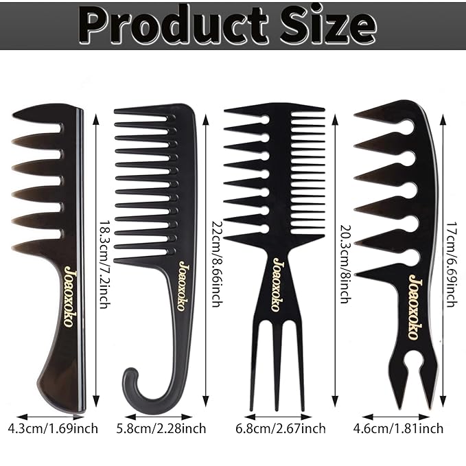 joaoxoko Wide Tooth Comb Set for Men - 4 Pcs Professional Barber Combs with Anti-Static Design, Reduce Hair Pulling for Curly Thick Hair, Textured ABS Black Combs for Travel Salon Home Grooming