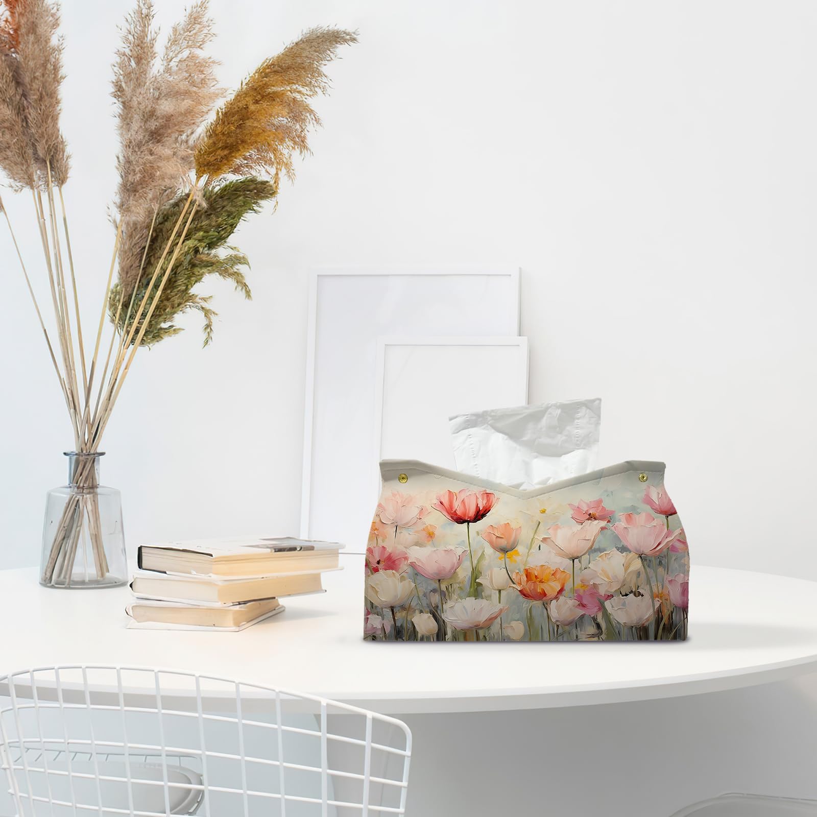 PaJiaNi Spring Floral Leather Tissue Box Cover Rectangle, Tulip Flower Toilet Paper Box Holder,Flower Decorative Facial Paper Case for Farmhouse Living Room Bathroom Kitchen Office Desk,9.8x5.9x5.9In
