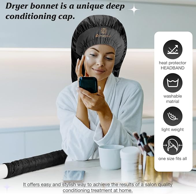 Bonnet Hair Dryer Attachment - Bonnet Hood Dryer with Headband That Reduces Heat Around Ears and Neck, Use for Hair Styling, Hair Drying, Curling and Deep Conditioning (Extended Version, Black)
