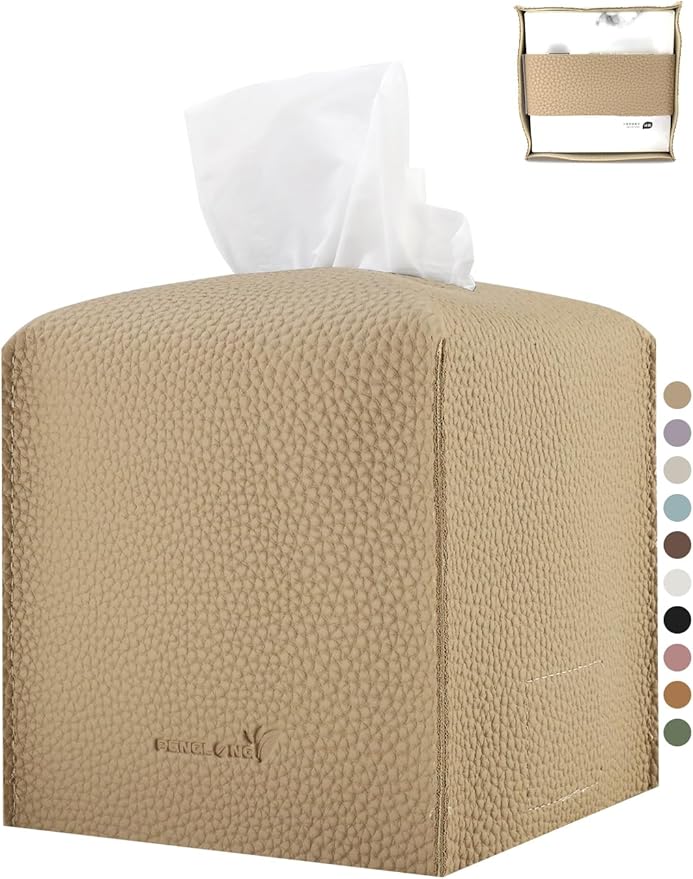 PENGLONG Tissue Box Cover 5X5X5'' PU Leather Tissue Holder Square Tissue Cube Box Organizer for Bathroom Vanity Countertop, Car, Night Stands, Office, Home, Kitchen (1Pack, Wood Apricot)