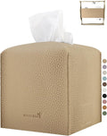 PENGLONG Tissue Box Cover 5X5X5'' PU Leather Tissue Holder Square Tissue Cube Box Organizer for Bathroom Vanity Countertop, Car, Night Stands, Office, Home, Kitchen (1Pack, Wood Apricot)