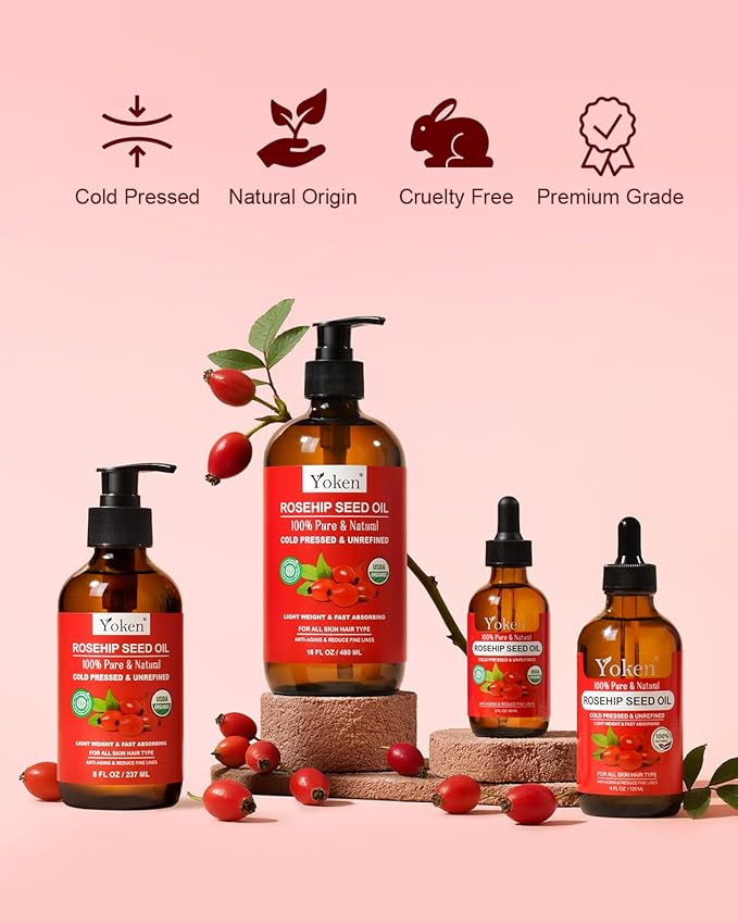 Yoken Cold Pressed Organic Rosehip Seed Oil for Skin, Hair & Body, 16 fl oz