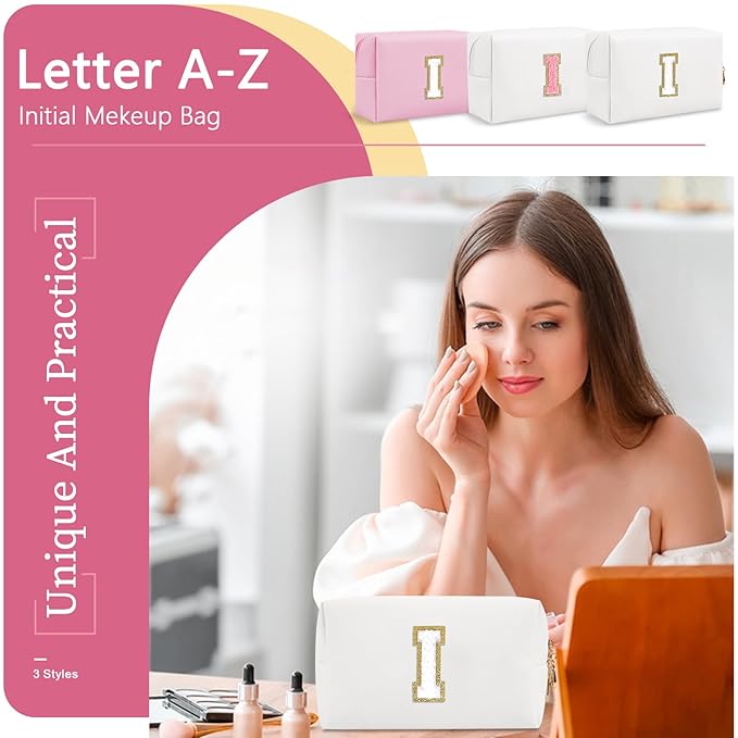 Small Personalized Initial A-Z Preppy Patch Makeup Bag,White PU Chenille Letter Travel Cosmetic Pouch with Zipper,Cute Toiletry Bag,Gift Ideal for Teen Girls Women Teacher Bridesmaid,Letter I