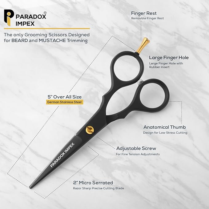 5” Beard and Mustache Scissors, German Stainless Steel Beard Scissors Come with 1 Tweezers, 1 Beard Comb, 1 Mustache Comb and Pouch, Hair Scissors for All Facial Hairs. (Black)