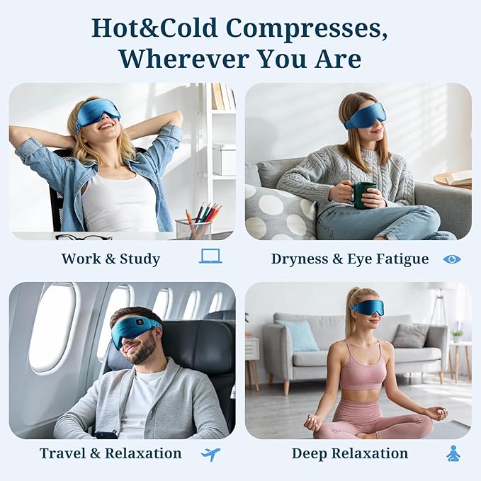 100% Silk Wireless Heated Eye Mask with Cooling, Relieves Dry Eye Syndrome and Puffy, Reduces Dark Circles, Adjustable Velcro Design and Washable Cover, Suitable for Travel & Gifts-Blue