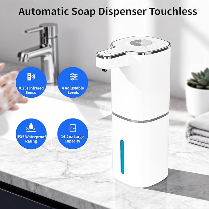 Automatic Liquid Soap Dispenser, Touchless Rechargeable Hand Soap Dispenser, 4 Adjustable Levels, 1200mAh Battery, Large Display, for Kitchen & Bathroom (White, Liquid)