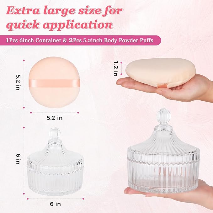 YINGMAN 3Pcs Extra Large Body Powder Puff & Luxury 6" Glass Jar Dusting Powder Container with Puff for Women Bath Powder Puffs Perfect for Talcum or Loose Powder (Beige)
