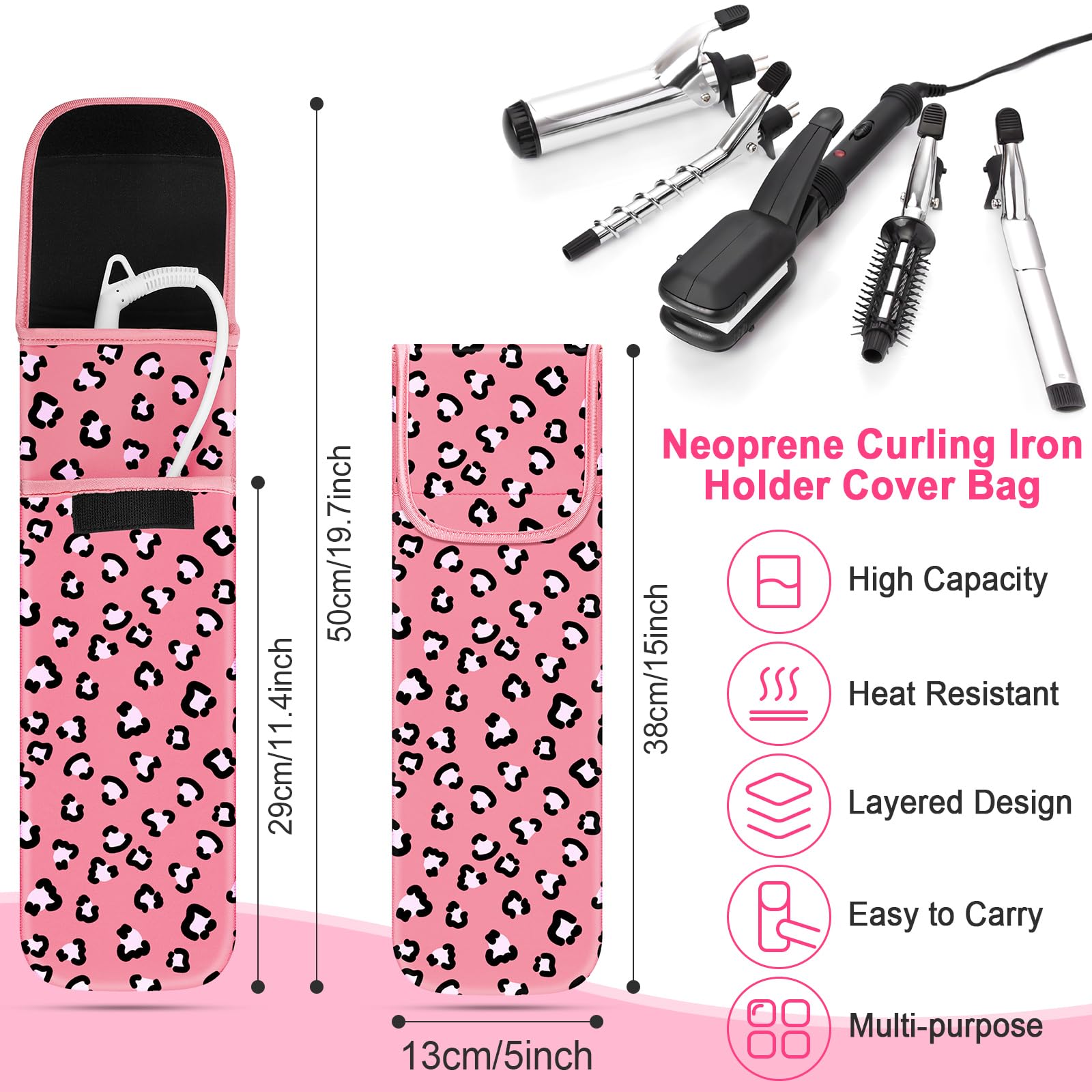 Shappy 2 Pcs Heat Resistant Curling Iron Flat Iron Travel Case,Leopard