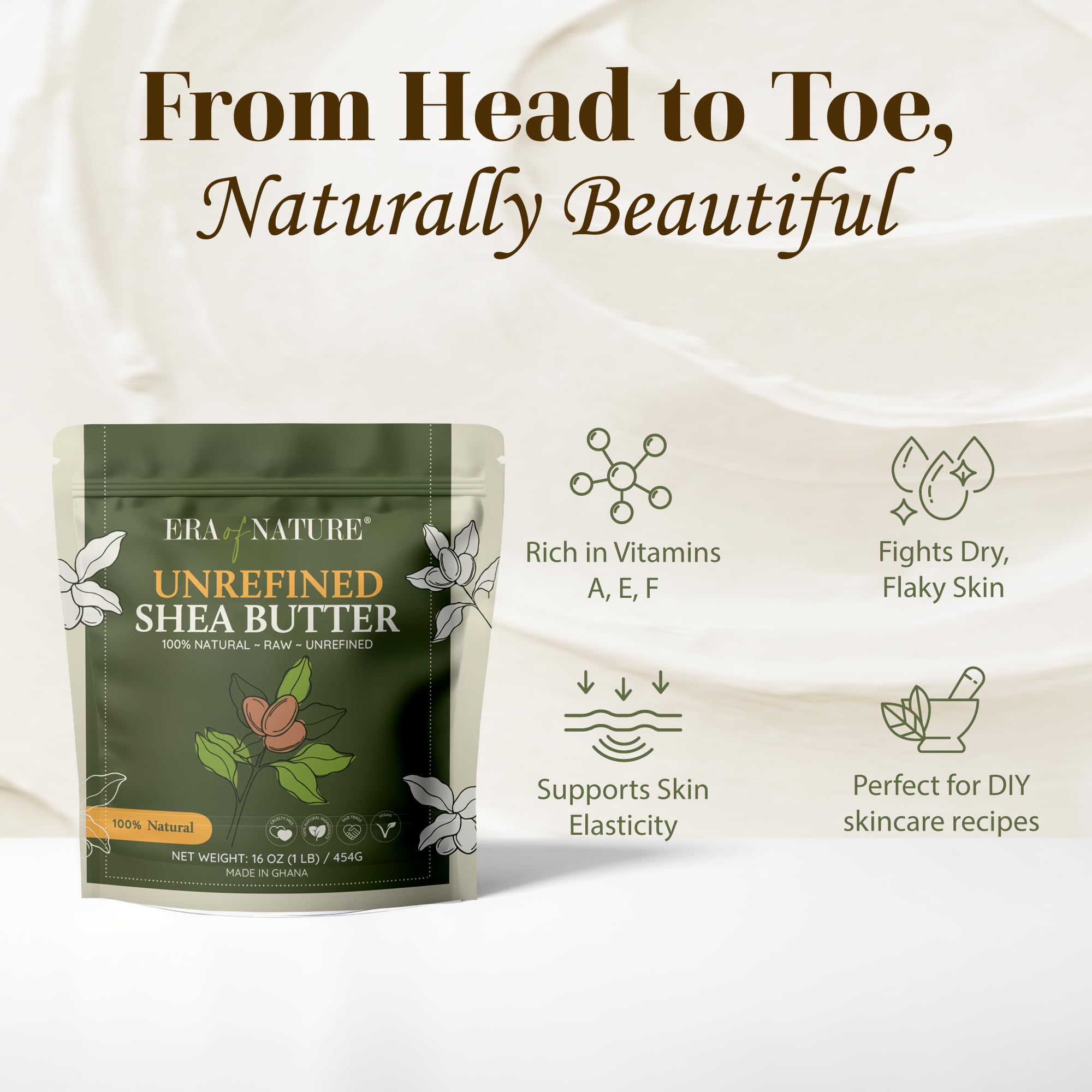 era of nature Organic Unrefined Raw African Ivory White Shea Butter 16oz - Moisturizing Raw Shea Butter Bar for Skin & Hair, DIY Lip Balm Base, Cream, Soap & Lotion Making Supplies Kit, Skincare