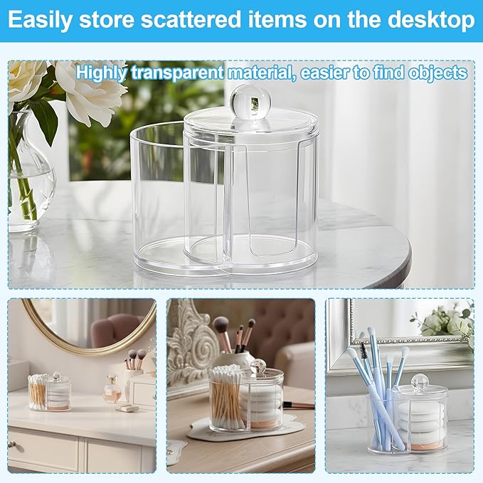 Gsbnjuy Cotton Swab Holder Dispenser Dual-Compartment Cotton Organizer Clear Vanity Canister with Removable Dustproof Lid Bathroom Accessories Storage Organizer for Cottons Swabs Balls Pads Floss