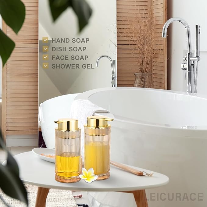 Glass Foam Soap Dispenser, Refillable Foaming Dispenser with Gold Pump, Foam Hand Soap Dispenser for Bathroom Kitchen, Modern Home Bathroom Kitchen Decor （Foam Type/Clear）