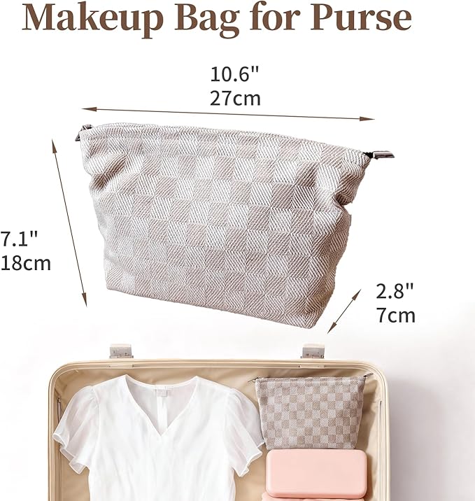 itgowisa Khaki Checkered Makeup Bag, Travel Makeup Pouch for Women, Purse